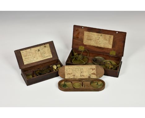 Three sets of cased Georgian pocket beam scales, each with original trade labels to lids, to include a set by Sewell & Young,