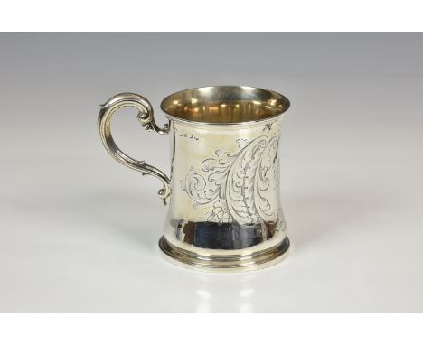 A Victorian Scottish silver tankard, Edinburgh, 1849, maker's mark indistinct, slightly waisted form with scroll handle, engr