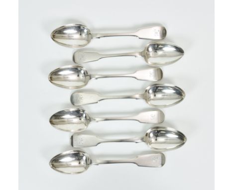 A harlequin set of seven 19th century fiddle pattern dessert spoons, comprising four by William Eaton, London 1836, 7in. (17.