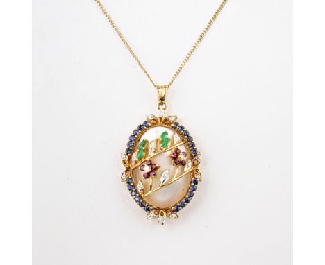 An 18ct yellow gold, emerald, ruby, sapphire, diamond and Mabé pearl pendant, the large oval pearl beneath two gem-set rose b