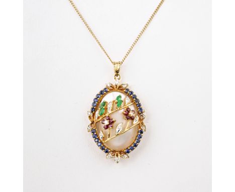 An 18ct yellow gold, emerald, ruby, sapphire, diamond and Mabé pearl pendant, the large oval pearl beneath two gem-set rose b