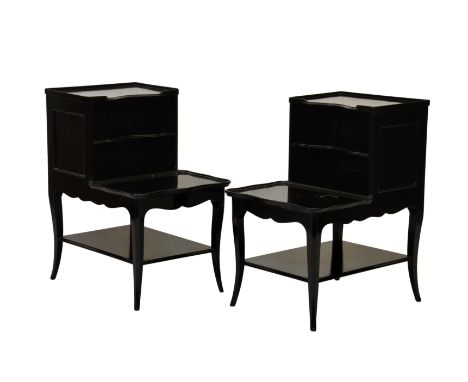 A pair of 20th century black lacquered serpentine bedside cabinets, with three quarter gallery top over open shelf and tray t