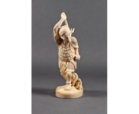 A Japanese carved ivory okimono of a shellfish digger, Meiji period (1868-1912), holding a three pronged hoe behind his head,