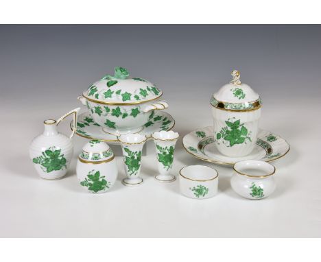 A collection of Herend green foliate and floral decorated porcelain, comprising a no.7242 preserve pot and cover in Apponyi G