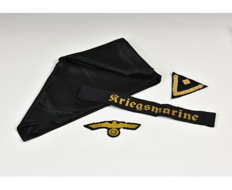 WWII Second World War German Kriegsmarine interest, comprising an original cap tally; breast eagle patch; neck scarf; and Sta