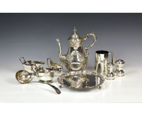 A collection of silver plate table ware, comprising a Victorian coffee pot of classical baluster form, repoussé decorated wit