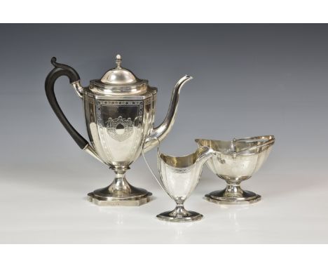 A matched George III Scottish silver three piece coffee service, the coffee pot by McHattie & Fenwick, Edinburgh 1799, the su