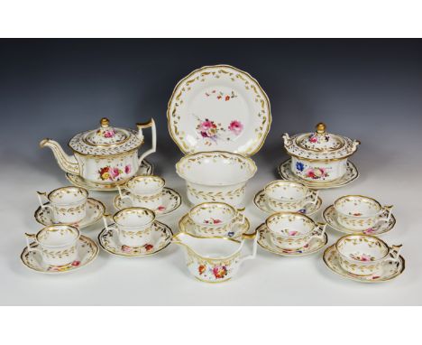 An early 19th century J. &amp; W. Ridgway part tea and coffee service, pattern no. 1082 with painted flowers, gilt floral bor