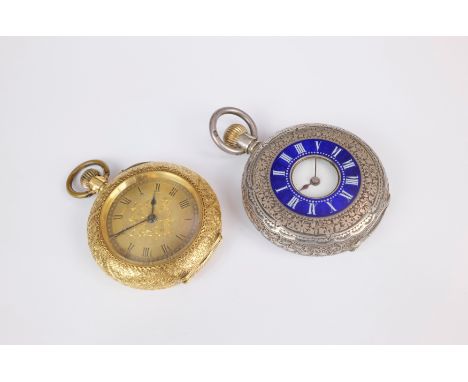 A Swiss 18ct gold open face fob watch, early 20th century, with fob wind gilt lever movement, gilt dial with black Roman nume