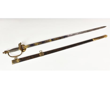 A 1796 Pattern Infantry Officer's sword, regulation single edge 81cm. blade, etched blue and gilt with crown and foliate devi