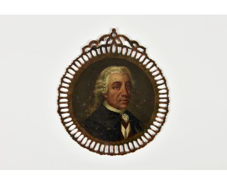 An 18th century oil on copper portrait miniature of a nobleman, probably Italian, turning right, his hair powdered and worn e