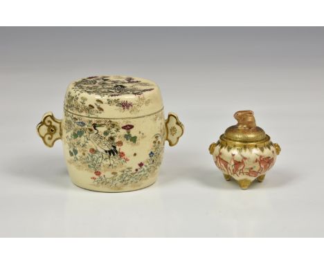 A Japanese earthenware Satsuma miniature tripod censer, Meiji period (1868-1912), signed with seal mark, painted with sixteen