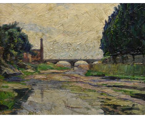 Julian Klein Von Diepold (German, 1868-1947), River landscape with stone bridge and factory chimney, impasto oil on canvas, s