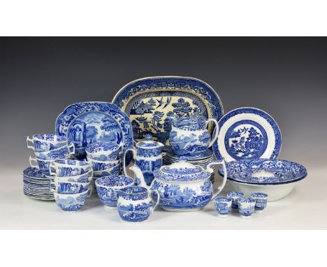 A large collection of Copeland Spode Italian pattern blue and white transfer ware, various dates, including a teapot; a milk 