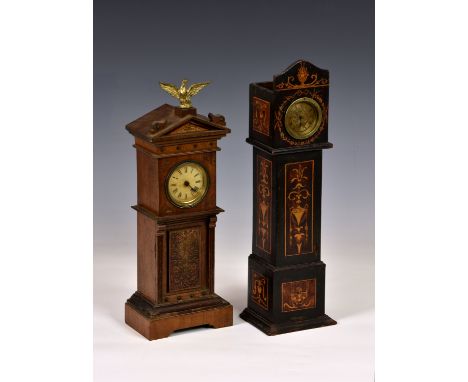 Two late 19th century miniature longcase mantel clocks, probably German, one with architectural style case with gilt metal ea