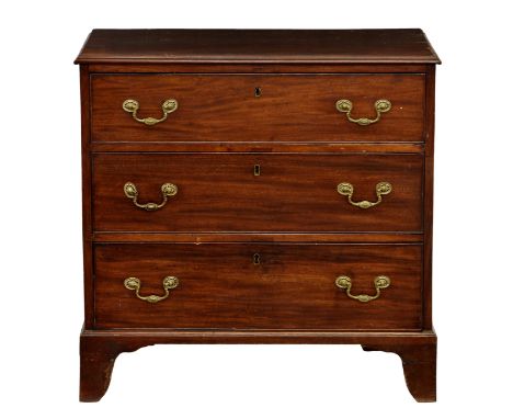 A George III mahogany chest of drawers, of small proportions, the moulded top over three graduated cockbeaded oak lined drawe