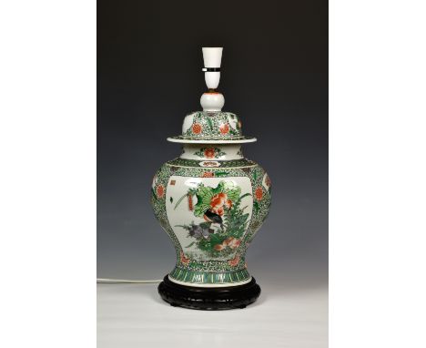 A Chinese porcelain famille verte baluster vase and cover, converted to a lamp, the vase probably 19th century, enamelled wit