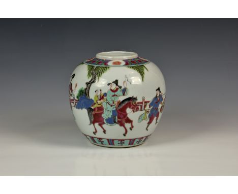 A Chinese porcelain famille rose ginger jar, probably late 19th century, of broad ovoid form, finely enamelled with figures o