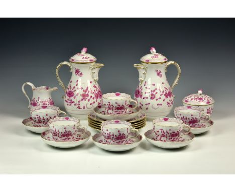 A Meissen porcelain six person coffee service, believed 1960s-70s, blue crossed sword marks, painted in the Indian Purple pat