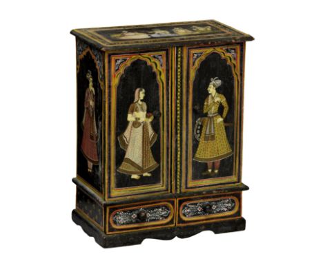 An Indian painted cabinet form table box, the top with four seated figures and floral border over two Mughal style arched doo