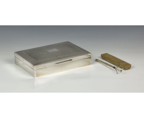An Elizabeth II silver cigarette box, Robert Pringle &amp; Sons, Birm. 1965, rectangular with engine turned decoration; toget