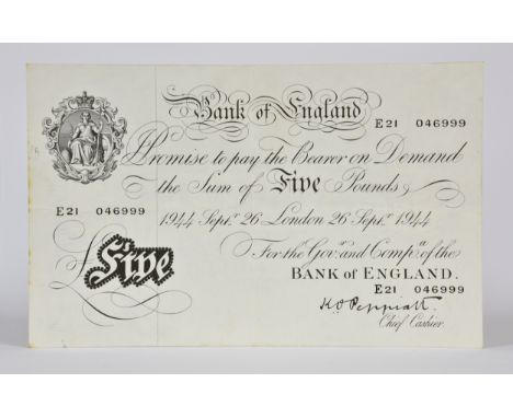 BRITISH BANKNOTE - Bank of England - Five Pound (black &amp; white series), c.1945, K. O. Peppiatt, serial number E21 046999,