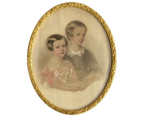 Fanny Doetter Corbaux (British, 1812-1883), Portrait of two young sisters, half length, oval, pencil and charcoal, heightened