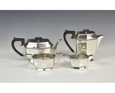 A George VI Art Deco silver four piece tea service, B. Bros, Sheffield 1947, angular oblong form, comprising a teapot, coffee