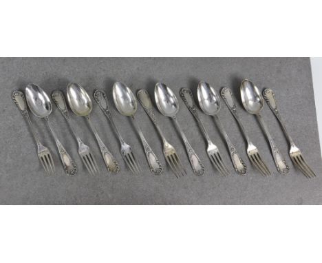 A set of six elegant French silver dessert spoons and forks, stamped with bust facing right and lozenge with rabbit and VS ab