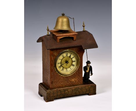 A novelty automaton clock by the Hamburg American Clock Company, or HAC, crossed arrows mark to the Roman dial, in carved bee