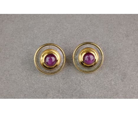 A pair of 18ct gold, enamel and ruby ear clips by de Vroomen, each ear clip featuring a cabochon cut ruby to the centre, held