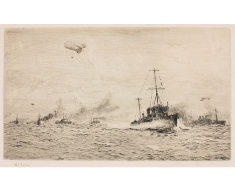 William Lionel Wyllie RA, RI, RE (British, 1851-1931), First World War Convoy with Barrage Balloons and Biplanes, etching on 