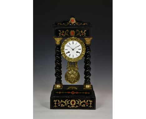 Villemsens á Paris, a gilt and inlaid portico mantel clock, 19th century, French, the twin train movement with outside countw