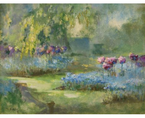 Edward Raby (British, 1863-1940), Tulips and forget-me-nots in a spring garden, oil on canvas, signed and dated 1931 in penci