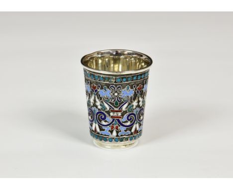 A Russian silver and cloisonné / champlevé enamel vodka cup, marked for Moscow, Lev Fridrikhovitch Oleks, 1894, typical form,