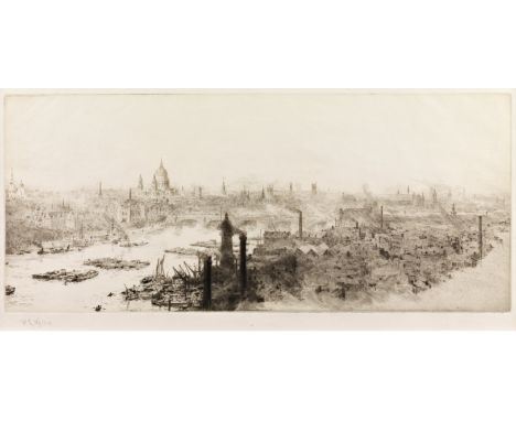 William Lionel Wyllie RA, RI, RE (British, 1851-1931), Panoramic View of the City of London and St Paul's from Lambeth, etchi