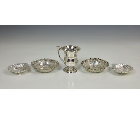 A pair of Edwardian silver butter shells, Henry Atkins, Sheffield 1902; together with a pair of Victorian pierced silver trin