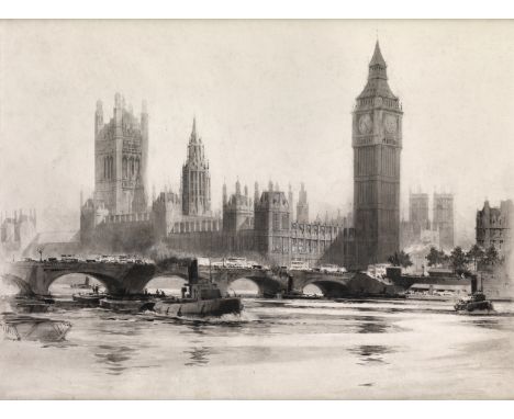 Stanley Charles Rowles A.R.C.A. (British, 1887- 1966), The Houses of Parliament and Westminster Bridge from the Thames, water