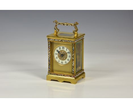 A French Champlevé enamel carriage clock, late 19th/early 20th century, five glass case with enamel to edge and handle, the p