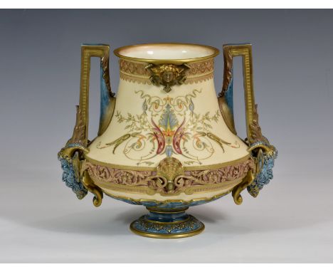 An unusual Royal Worcester two handled vase, late 19th century, unmarked, of urn form with delicate flora, foliate and shell 