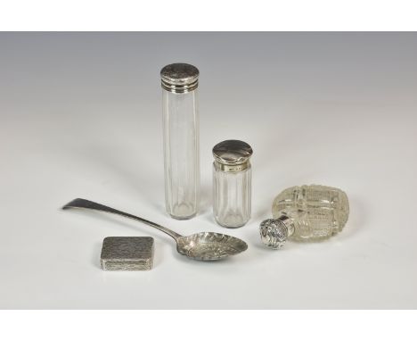 A small group of silver smalls, including a Scottish George III table spoon, Edinburgh 1810, maker's mark rubbed, later Victo