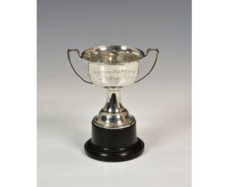 A George V silver trophy cup, Munsey & Co., London 1929, typical twin handle form, later engraved 'NORRIS MEMENTO -1952-', 5¾