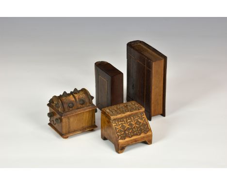 Treen - three novelty snuff boxes, comprising two book form snuff boxes with sliding spines for storage, the largest, 4 3/8in
