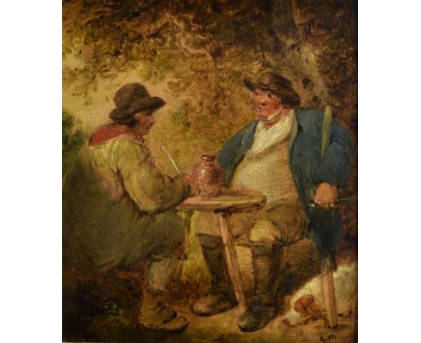George Morland (British, 1763-1804), "Two Rustics drinking Ale", oil on panel, signed with initials lower right, wax seal on 