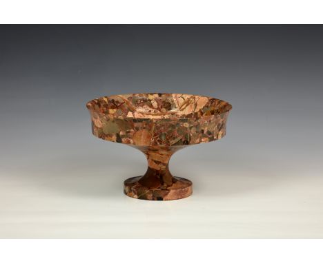 A carved marble tazza, 20th century, the shallow, cup form bowl with slightly everted rim, raised on a turned column to a cir