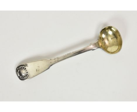 A 19th century fiddle shell pattern mustard ladle, Edinburgh, thistle & George head marks, with gilt bowl, 4 1/8in. (10.5cm.)