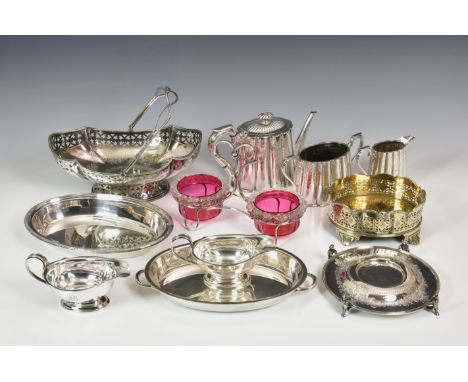 A collection of silver plate, comprising a Walker &amp; Hall three piece tea service, of ornate ribbed design; a circular ket