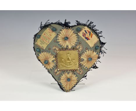 Channel Island military interest - WWI Royal Guernsey Light Infantry sweetheart cushion, the central celluloid panel 'Royal G