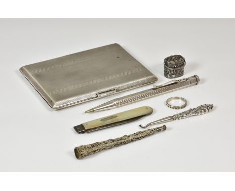 A small collection of silver and white metal collectables, to include a George VI silver engine-turned cigarette case by W. H