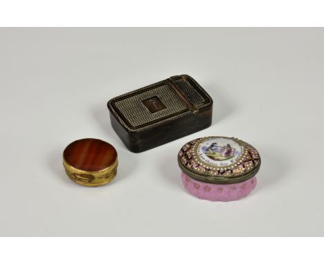 A Bilston enamel patch box, of ribbed oval form, powder pink ground, the hinged cover decorated with dandy and maiden, rhyme 